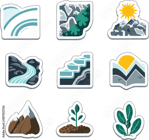 Set of 9 minimalist nature and mountain landscape stickers featuring rivers, waterfalls, rocky cliffs, sunlit peaks, sprouting plant, and leaf — ideal for eco branding, travel journals, outdoor advent