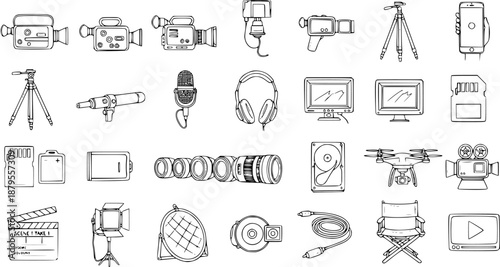 Hand-drawn doodle icons: Filmmaking, video production, photography, and digital media equipment set. Creative tools for content creation and visual storytelling.