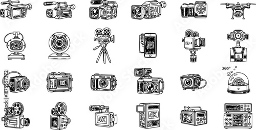 Hand-drawn sketch set of various camera icons, including video, photo, cinema, security, action, webcam, drone, and vintage film cameras, outlining recording devices.