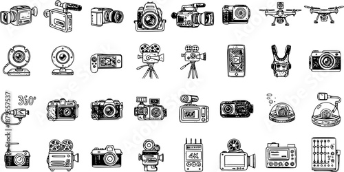 Hand Drawn Camera and Video Recorder Icon Set. Sketchy Outline Doodles of Photography, Filmmaking, Surveillance, Action Cam, Drone, Webcam, and Retro Device Collection.