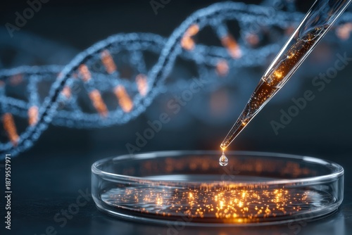 A droplet of liquid is falling into a glass slide with a DNA strand