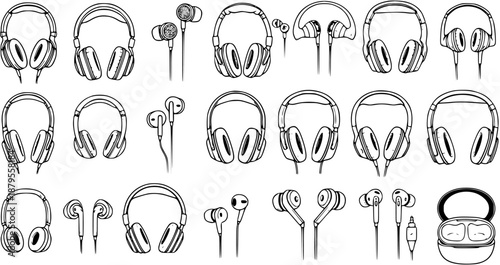 Various Headphones and Earphones Line Art: Collection of Different Styles for Audio Listening