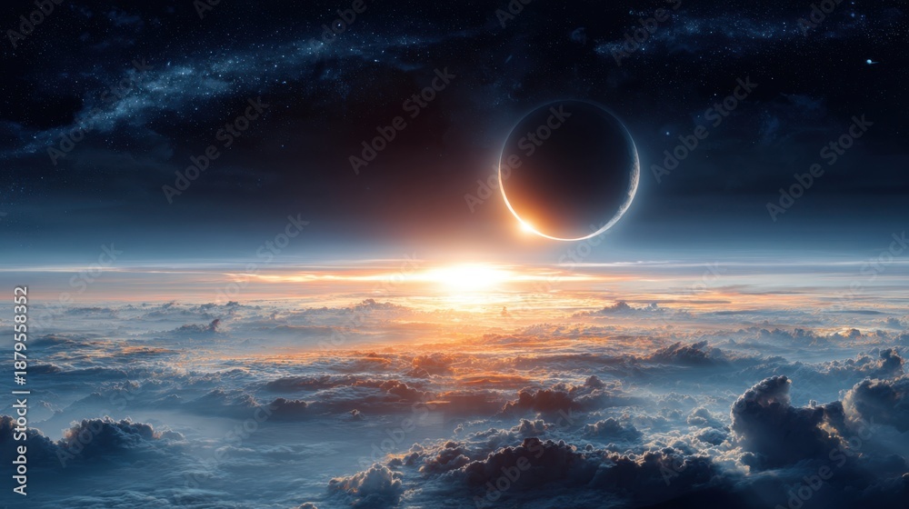 Fototapeta premium Cosmic vista ethereal clouds sunrise moon eclipse