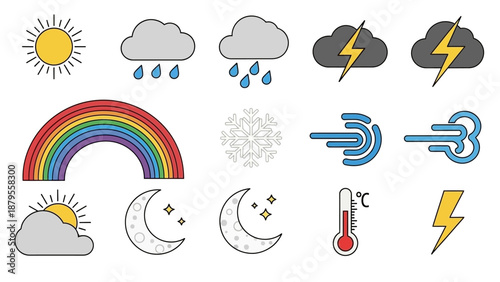 A comprehensive collection of clear, colorful, flat design weather forecast icons representing various atmospheric conditions and meteorological phenomena effectively.