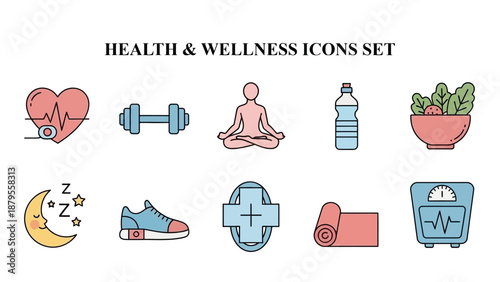 Collection of ten colorful flat line icons representing essential concepts for physical fitness nutrition sleep and medical care.