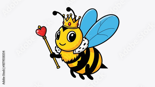 A cute cartoon bee wearing a crown and holding a scepter with a heart on top.