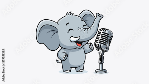 A cute cartoon baby elephant with its trunk raised, singing into a vintage microphone.