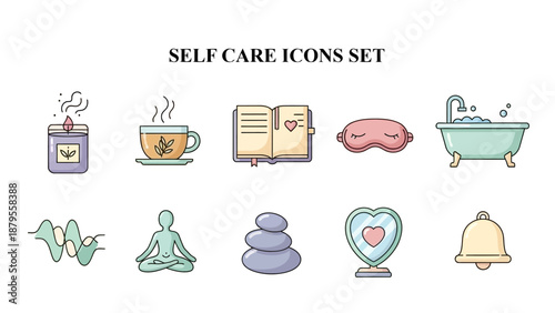 Collection of ten adorable flat design icons representing various essential self care and wellness activities for relaxation.
