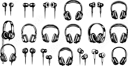 Hand-drawn collection of various headphones and in-ear earphones in black and white sketch style, isolated on white background, perfect for music, audio, and technology themes.