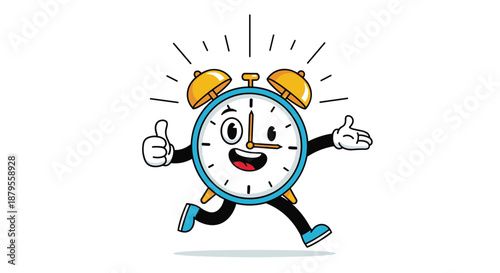 Happy alarm clock character with a face and limbs running and giving a thumbs up on a white background for time management themes.