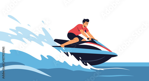 Young man enjoying extreme water sports by riding a fast jet ski on the ocean waves during a bright sunny day at the beach.