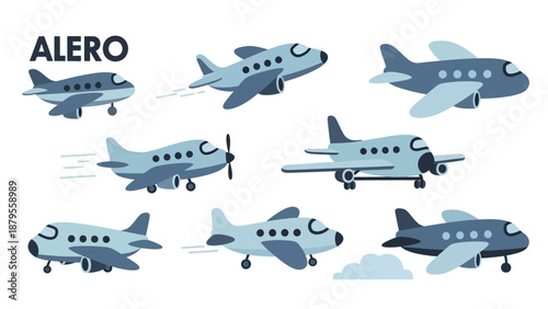 A collection of various blue airplanes and propellers in different flying positions with motion lines against a clean white background with light blue clouds.