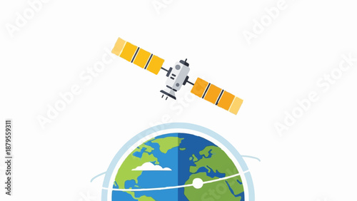 Stylized satellite orbiting a cartoon Earth with cloud