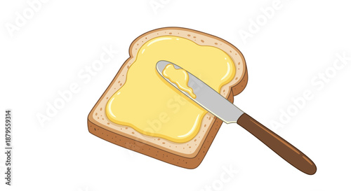 Close up illustration of a silver knife spreading smooth yellow butter or margarine onto a slice of fresh toasted bread on a white background.