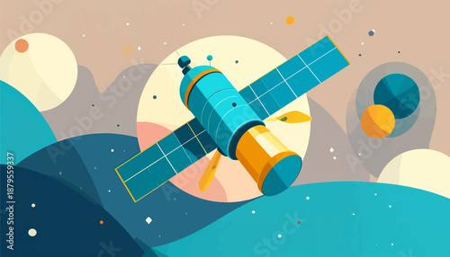 Stylized satellite with solar panels orbits abstract planets and celestial bodies