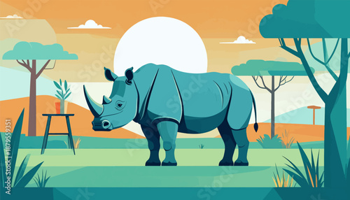 Stylized savanna scene featuring a large blue rhino standing serenely under a large white sun