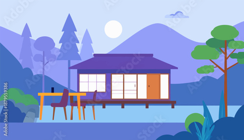 Stylized scene of a small house with outdoor seating and a serene mountain landscape