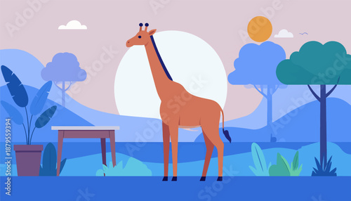 Stylized savanna scene with a giraffe, a table with a potted plant, and distant hills under a pale sky