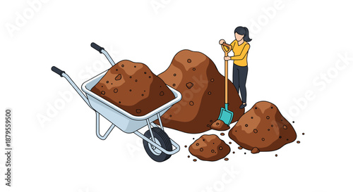 Isometric illustration of a woman in a yellow shirt using a shovel to move piles of brown dirt into a metal construction wheelbarrow.
