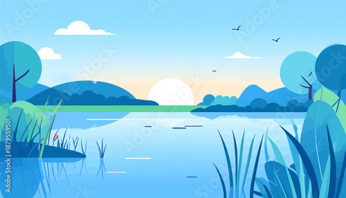 Stylized serene landscape with sun rising over blue mountains and water