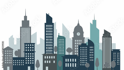 Stylized silhouette cityscape with buildings of varying heights and colors, some with trees