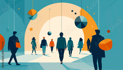 Stylized silhouettes of diverse individuals walking through a brightly lit, abstract architectural space