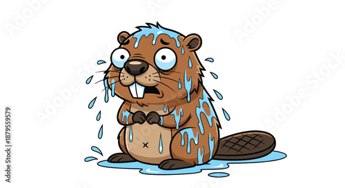 Scared beaver cartoon character dripping with blue liquid or water looking stressed and standing on a white background for design.
