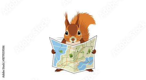 Focused squirrel character holding and reading a large detailed map while standing on a white background for travel or adventure themes.