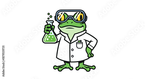 Frog scientist holding a beaker with green liquid