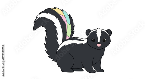 Cute cartoon skunk with a colorful rainbow tail on a white background.