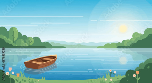 Valokuva A lone wooden boat floats on a calm lake surrounded by lush green trees