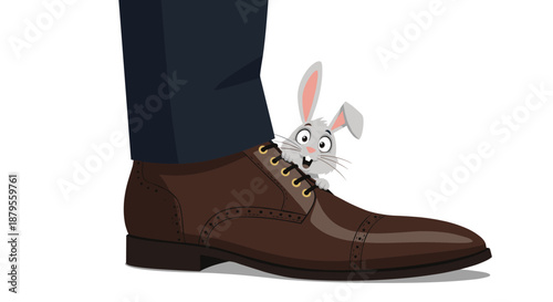 Tiny grey rabbit peeking its head out from the top of a large brown leather dress shoe in a creative and cute animal illustration.