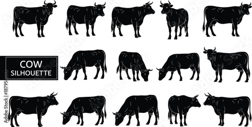Cow, silhouette, vector, illustration, black, livestock, animal, farm, pose, profile, horn, tail, hoof, standing, walking, grazing, cattle, rural, agriculture, graphic