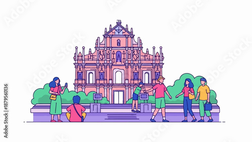Stylized illustration of people visiting a grand, ornate pink structure with lush greenery and stairs