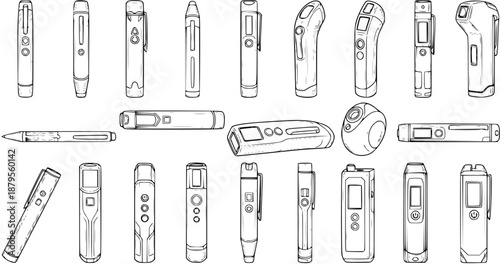 Collection of Handheld Laser Distance Measurers: Black and White Line Art