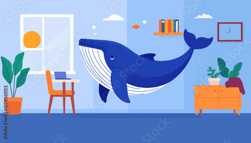 Surreal indoor scene with a large blue whale floating past a window, desk, and dresser