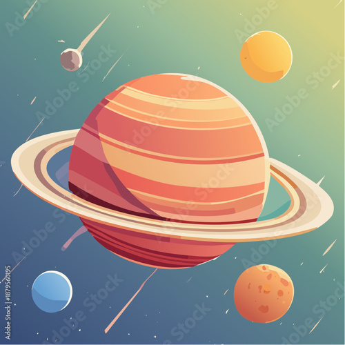 Colorful Illustration of Saturn Planet and Moons.