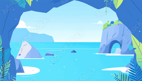 Stylized tropical seascape with rocky islands, archway, and lush foliage under a clear sky
