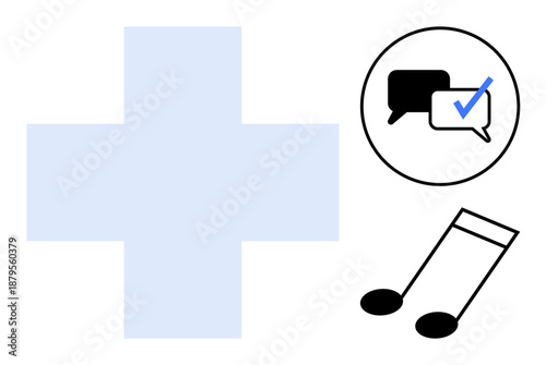 Light blue medical cross, black chat bubbles with verification checkmark, simple black music notes. Ideal for healthcare communication, mental health, collaboration, creativity, music therapy