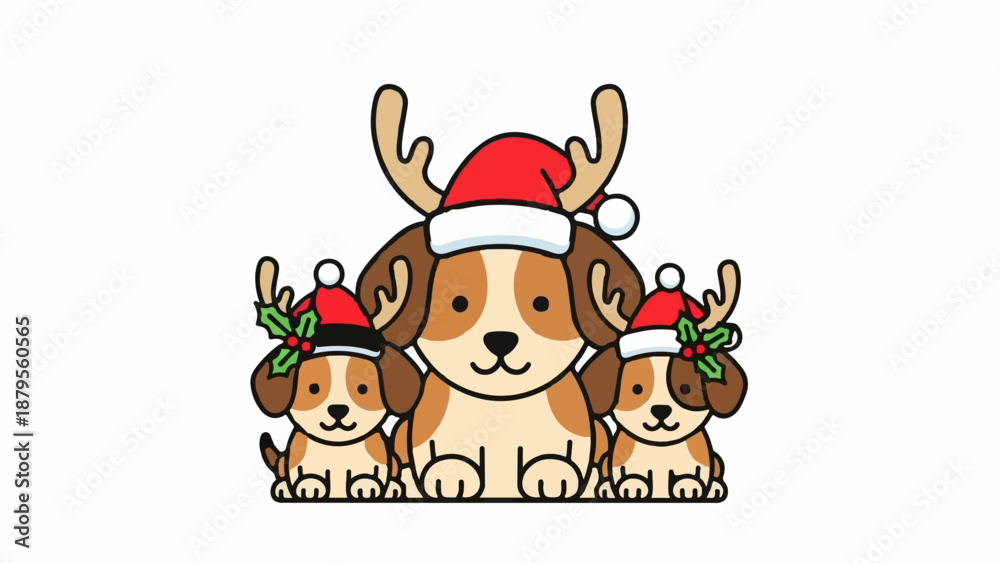 Naklejka premium Three cute dogs wearing Christmas hats and antlers pose happily for the holidays