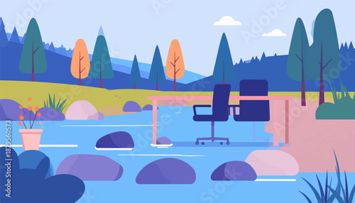Surreal office desk and chairs amidst a vibrant, rocky river and forest landscape