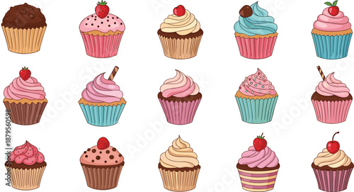 Cupcakes, cartoon, colorful, frosting, dessert, sweet, bakery, toppings, sprinkles, chocolate, strawberry, cherry, celebration, treat, pastry, cute, illustration, decoration, food, variety