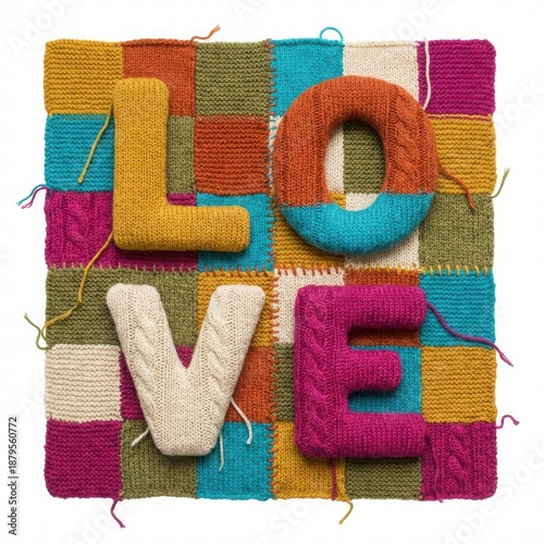 Colorful Knit Letters Forming the Word Love on a Patchwork Background