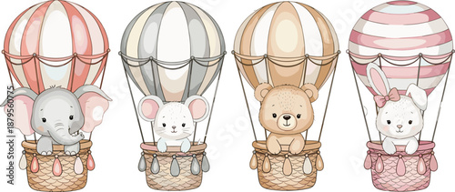 Cute animals in hot air balloons, adorable baby characters, pastel nursery illustration set, whimsical animal travel artwork, kids room decor design