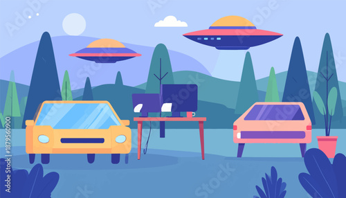 Surreal scene Flying saucers hover over cars and a desk with computers in a stylized landscape