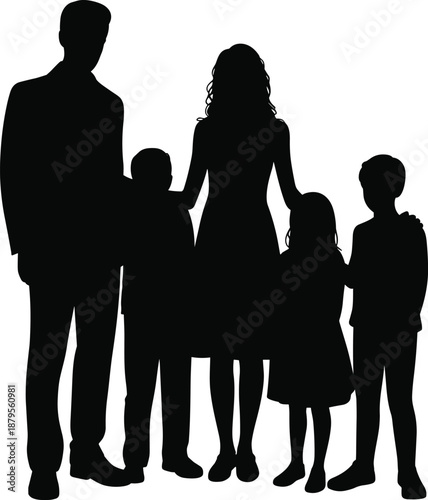 Silhouette of a Family Posed Together with Two Boys and a Girl people parents