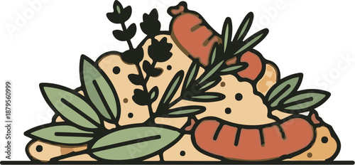 Stylized illustration of sausages and herbs on a mound of light-colored food