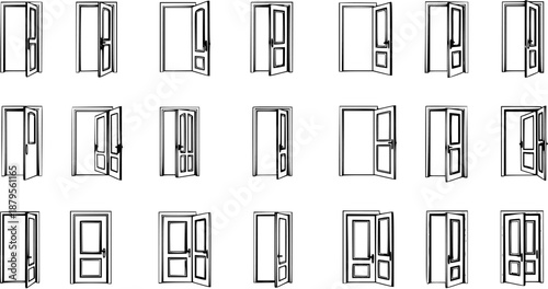 Door Collection: Line Art Variety of Opened and Closed Doors
