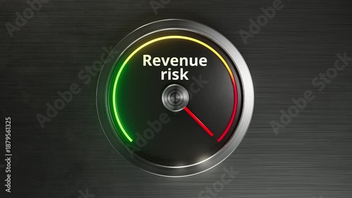 Revenue Risk Meter Gauge Business Concept 3D Animation : 3D animation of a risk meter showing Revenue risk level. Concept of income loss, profit margin and business crisis.