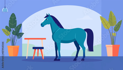 Stylized turquoise horse stands in a room with plants, a table, and a stool